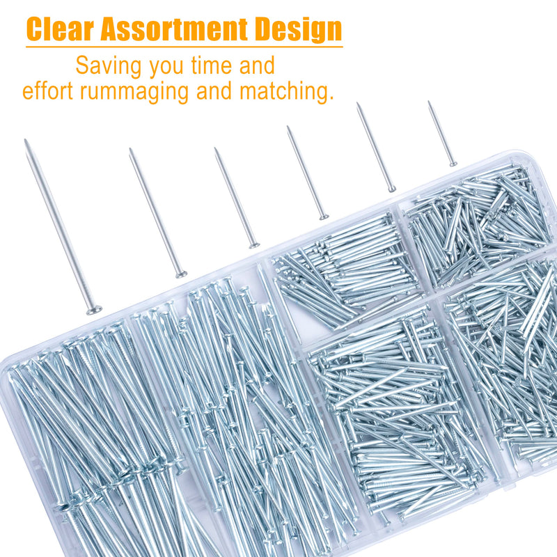 KURUI 700pcs Hardware Nails for Hanging Pictures Assorted Kit, Up to 2"-Long Picture Hanging Nails for Wall Drywall Wood, Finish Nails Assortment Kit, 640 Frame Nails and 60 Small Finishing Nails 700Pcs Galvanized Nails