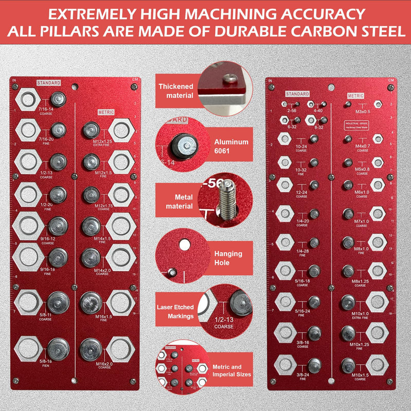Nut and Bolt Thread Checker, 2-in-1 Thread Checker 38 Thread Nut Checker Standard and Metric Bolt Size and Thread Gauge with 21 Standard & 17 Metric Bolt Identifying, Red