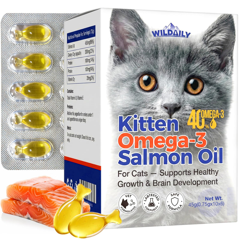 High DHA Omega 3 Fish Oil for Cats(60 Ct), Wild Salmon Oil, Brain, Vision & Immune Support, Easy-to-Twist-Off Softgel, Salmon Flavor for Healthy Skin & Coat