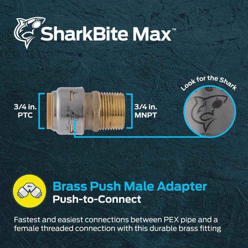 SharkBite Max 3/4 Inch MNPT Adapter, Push to Connect Brass Plumbing Fitting, PEX Pipe, Copper, CPVC, PE-RT, HDPE, UR134A 3/4 in.