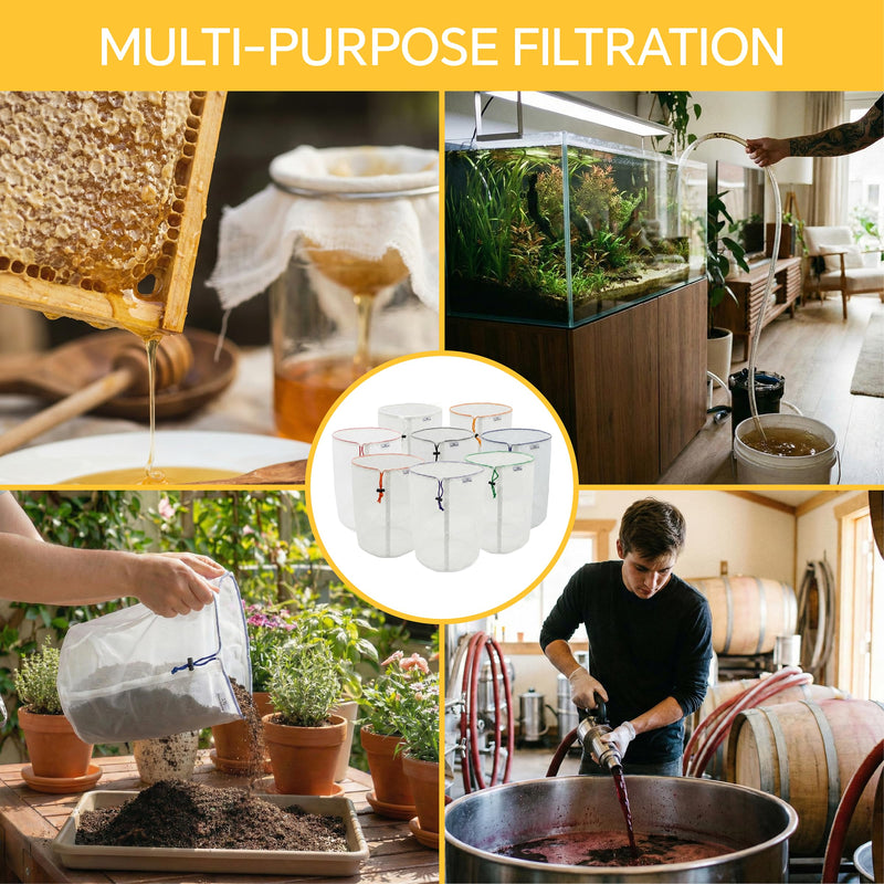 8-Pack 5 Gallon All Mesh Filter Bags set, 25-220μm Food-Grade Nylon Strainer Bags with Pressing Screen & Storage Bag, Reusable Waterproof for Brewing Hydroponics Coffee Honey Gardening