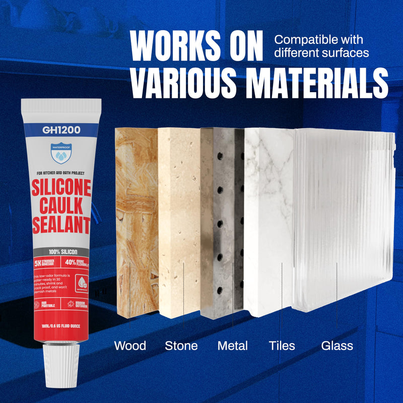 GH1200 18 ML x 8 PCs Silicone Caulk Clear Silicone Sealant Waterproof, Kitchen & Bathroom Caulk - Shrink & Crack Proof - Pocket-Friendly Small Size Indoor & Outdoor Use Silicone Glue - Strong Caulking