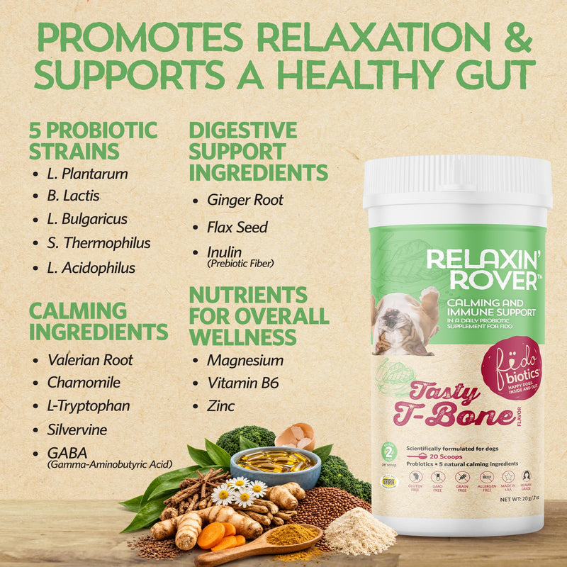 Fidobiotics Relaxin’ Rover Calming Supplement, Probiotics for Dogs with Valerian, Chamomile & GABA for Stress & Anxiety Relief, Tasty T-Bone Flavor 20 Servings 20 Day