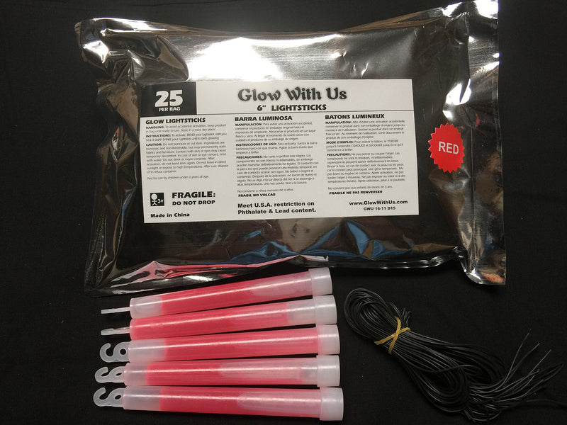 Glow Sticks Bulk Wholesale, 25 6” Industrial Grade Red Light Sticks. Bright Color, Glow 12-14 Hrs, Safety Glow Stick with 3-Year Shelf Life, GlowWithUs Brand 25 Glow Sticks