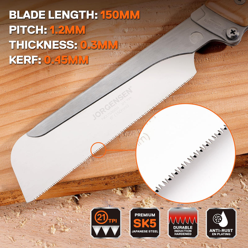 JORGENSEN Japanese Pull Saw, 6 Inch Folding Dovetail Saw with Beech Wood Long handle, SK5 Steel Blade Tool-less Quick Change, 21TPI Cross Cut Saw Woodworking Hand Saw for Hardwood, Softwood