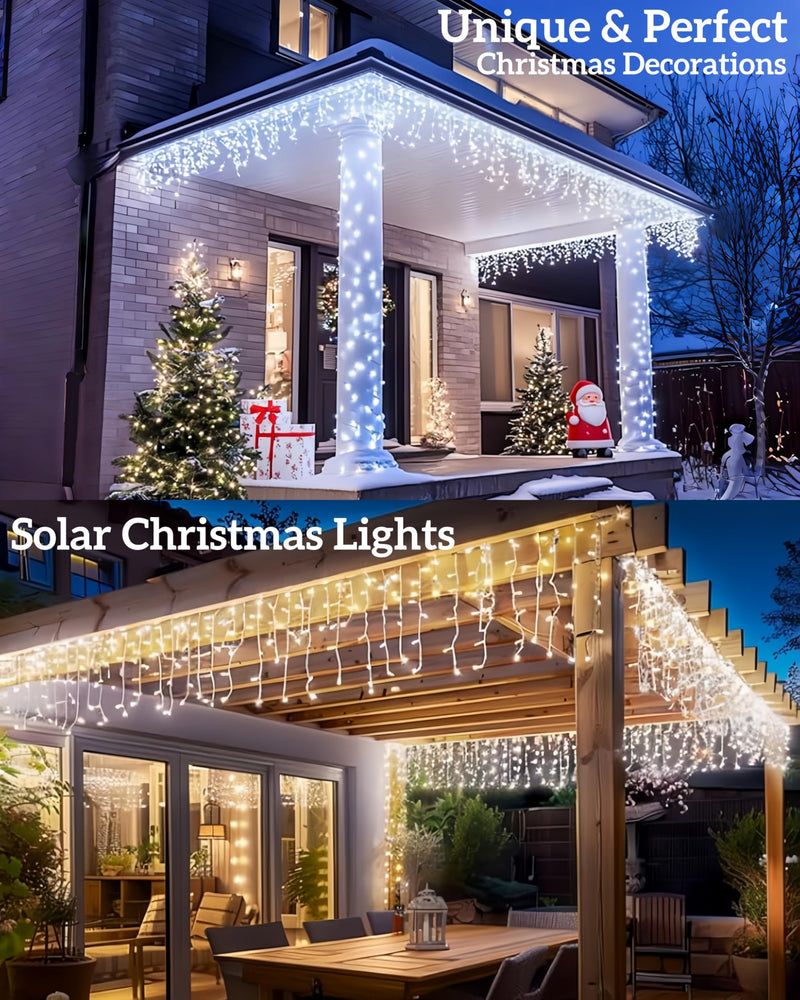 Solar Christmas Lights Outdoor 640LED 16Ft+60Ft, Solar Icicle Lights Waterproof with 13 Modes Rechargeable for Outside Roof Fence Christmas Decorations (Cool White) Cool White