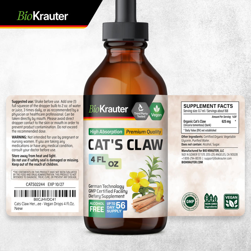 BIO KRAUTER Cats Claw Tincture - Liquid Cats Claw Herb for Immune Support - Alcohol & Sugar Free - Vegan Drops 4 Fl.Oz. 4 Fl Oz (Pack of 1) - PawsPlanet Australia