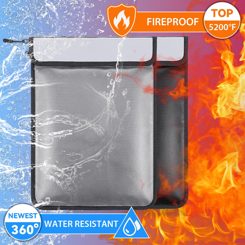 2 Pcs 5200°F Upgraded Fireproof Document Bag, Fire and Water Resistant Bag with Zipper for Documents, 15 x 11 Inch Waterproof Fireproof Money Bags for Important Documents Storage Organizer(Black&Gray) 2 Pcs(Black&Gray)