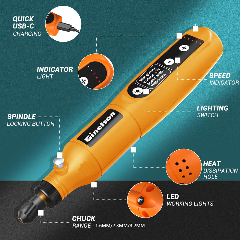 Cordless Rotary Tool, 2000 mAh Battery Pack, 5-Speed and USB-C Charging Rotary Tool Kit with 70 Accessories, Multi-Purpose 3.7V Power Rotary Tool for Sanding, Polishing, Engraving, DIY Crafts Orange