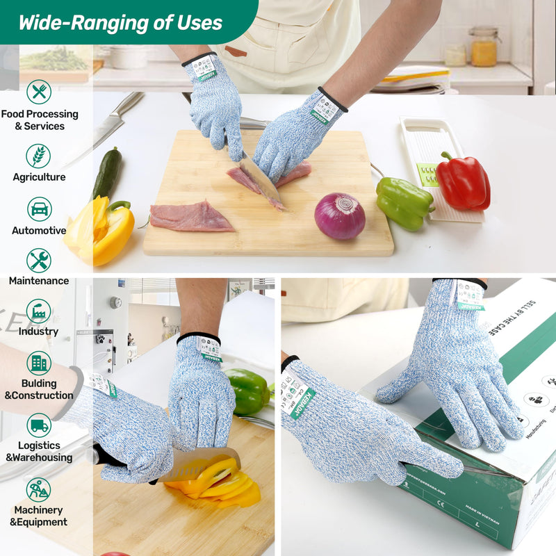 Kebada Cut Resistant Gloves, 100% Food Grade Cutting Gloves, ANSI A4 Level 5 Protection Anti Cut, Glass-Free and Steel-Free, Model C4, 6 Pairs, Large 9/Large Blue(6 Pairs)