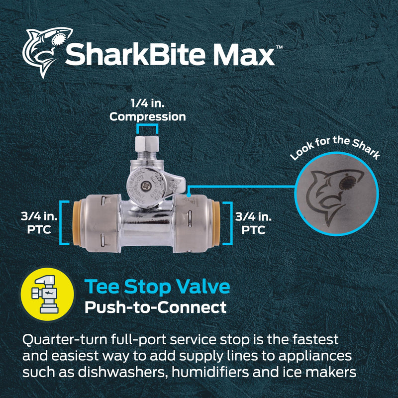 SharkBite Max 3/4 x 3/4 x 1/4 Inch Compression Tee Stop Valve, Push to Connect Brass Plumbing Fitting, PEX Pipe, Copper, CPVC, PE-RT, HDPE, UR24985A SharkBite Max 3/4 in. x 3/4 in. x 1/4 in.
