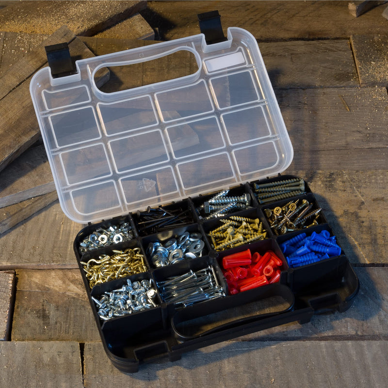 Small Parts Organizer Set – 2-Pack Plastic Storage Box with 14 Small Compartments for Hardware, Beads, Jewelry, Tackle, anDecore by Stalwart (Black)