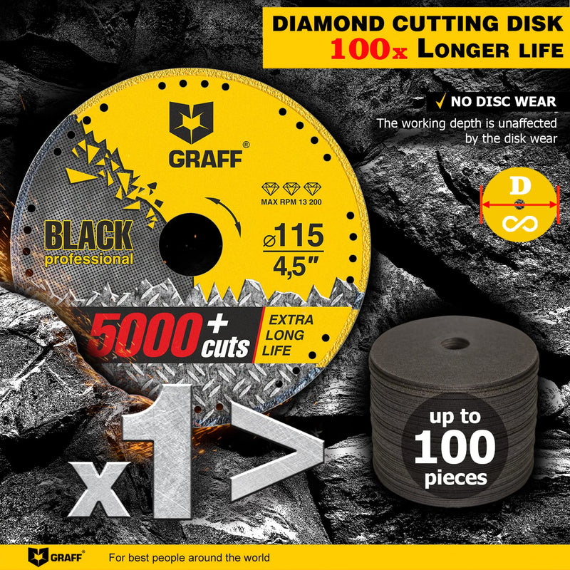 GRAFF Black Cut Off Wheels 4 1/2 Inch - Diamond Metal Cutting Disc for Angle Grinder 4.5 Inch - 60x Longer Wheel Life Ø 115 mm (4 ½ Inch) - GRAFF Black