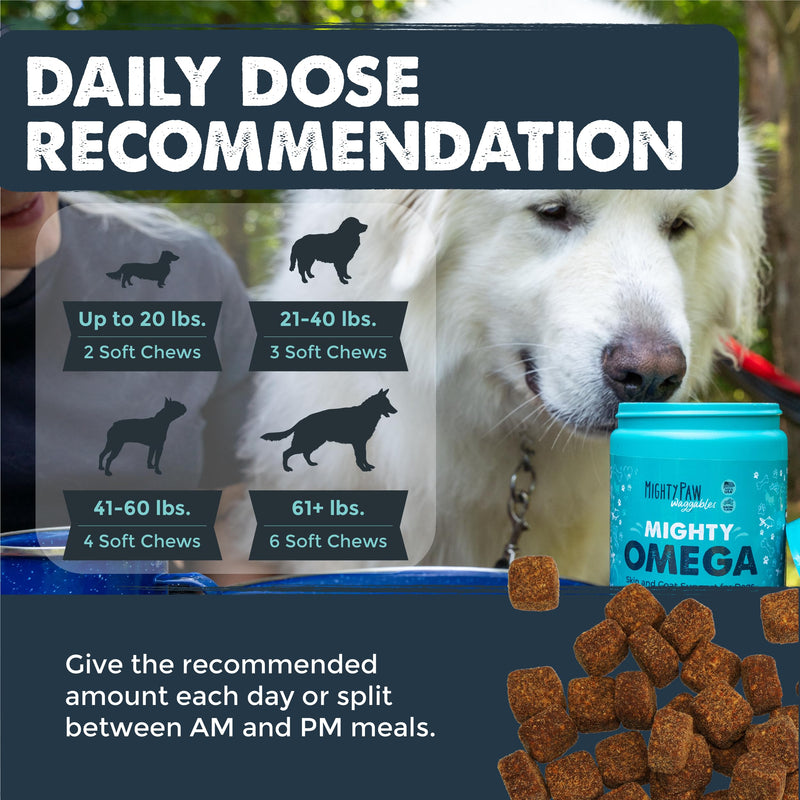Mighty Paw Waggables Mighty Omega (Made in The USA, 120 Count) | Omega 3 Fish Oil Chew for Dogs. Salmon Flavor Skin and Coat Supplement. Soft Chew Fish Oil for Dogs - DHA & EPA, Bacon Flavor Omega Fish Oil Chews
