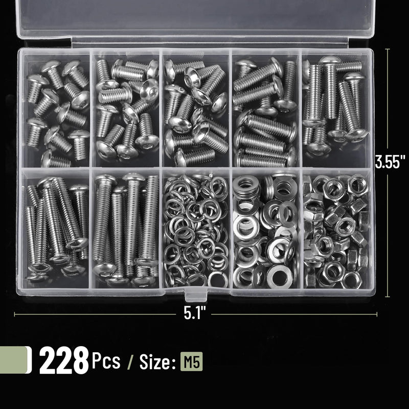 Mr. Pen- Nuts and Bolts Assortment Kit, 228 pcs, Stainless Steel, M5 Screws (7 Sizes 8-30mm)Button Head Socket Cap Screws Assorted Nuts and Bolts Nut Bolt and Washer Assortment Bolt and Nut Assortment