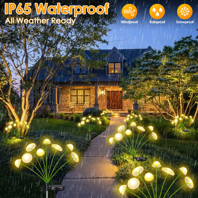 KAQ 4PK 32LED Solar Garden Lights Outdoor Waterproof | Solar Mushroom Lights for Outside Sway by Wind Firefly Fairy Light for Patio Pathway Garden Bush Yard Decorations (Warm White) Warm White 4 Pack