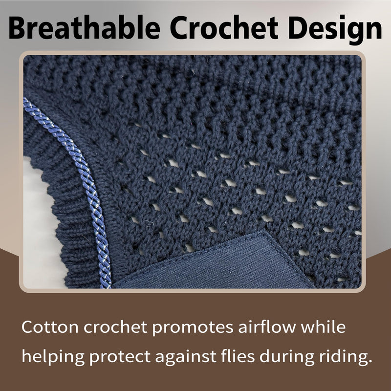 EQUINEWAVE Horse Fly Bonnet, Breathable Crochet Ear Bonnet with Stretch Comfort Ears, Contoured Fit for English Riding NAVY