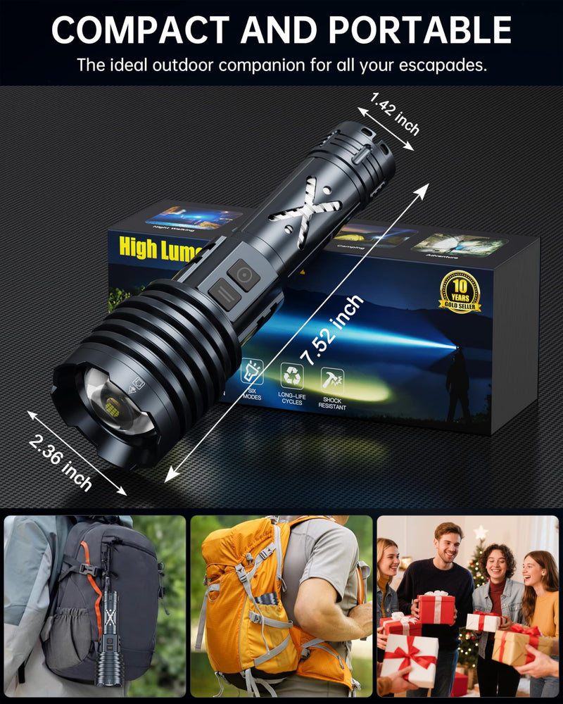 Rechargeable LED Flashlights 2690,000 High Lumens, Super Bright High Powered Flashlight Long Range 2 Buttons, Zoomable 12Modes| IP67 Waterproof, Powerful Strong Handheld Flashlights for Home Camping