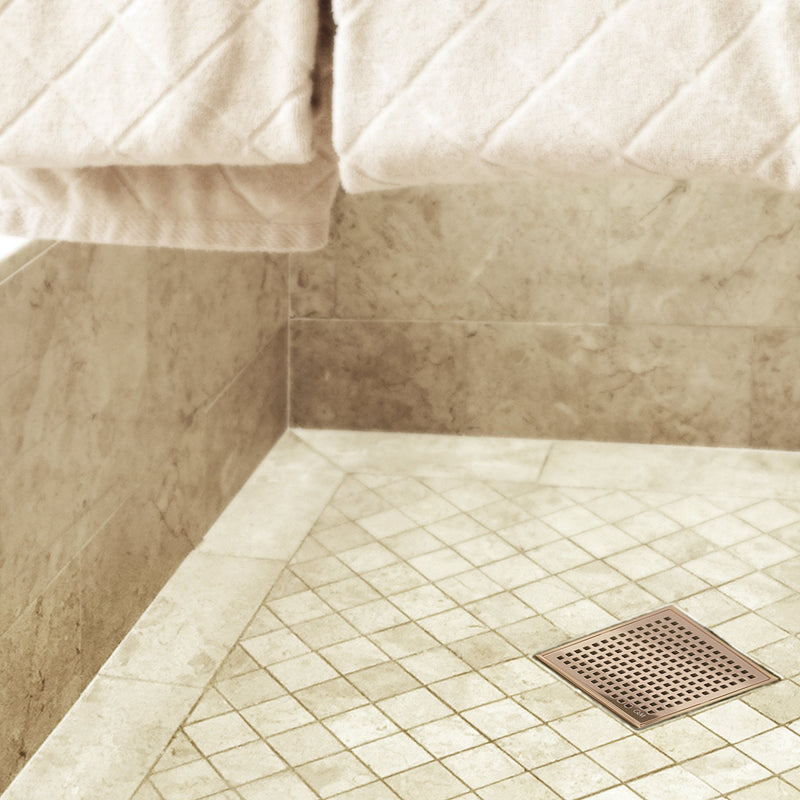 QM Square Shower Drain, Grate made of Stainless Steel Marine 316 and Base made of ABS, Lagos Series Mira Line, 5 inch 3/4, Bronze Finish, Kit includes Hair Trap/Strainer and Key 5 3/4 x 5 3/4