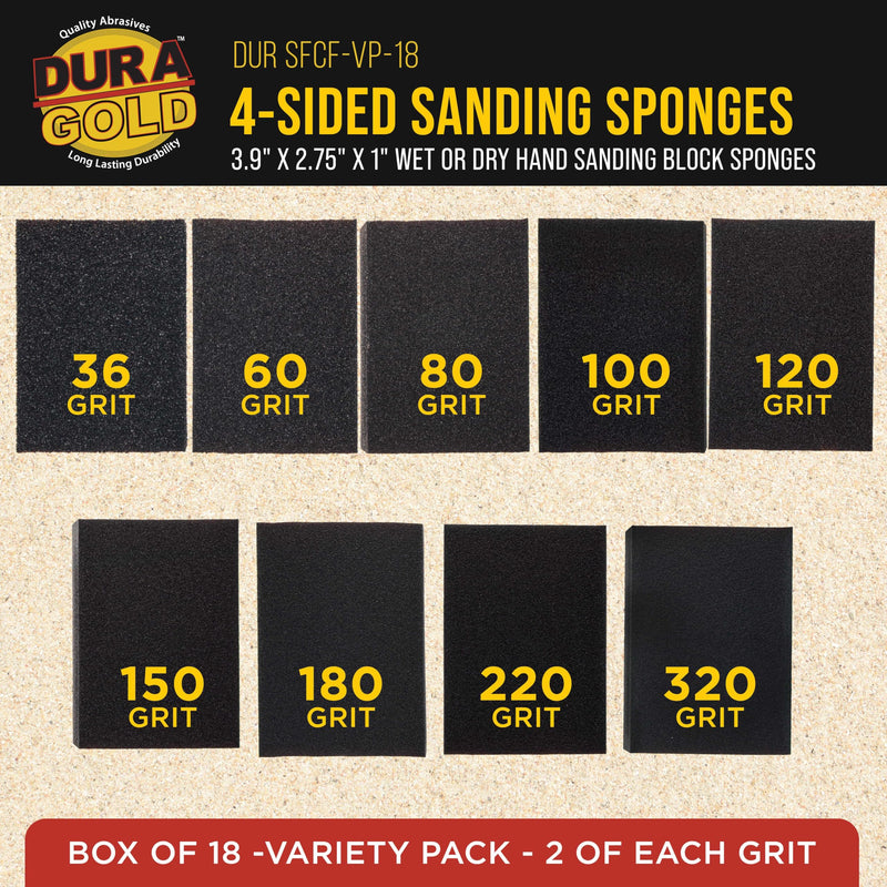 Dura-Gold 4-Sided Hand Sanding Block Sponge Variety Pack, Box of 18, Grits 36, 60, 80, 100, 120, 150, 180, 220, 320-3.9" x 2.75" x 1" Wet or Dry Flexible Sandpaper Pads Sand Wood Drywall Metal Paint 18 Variety Pack