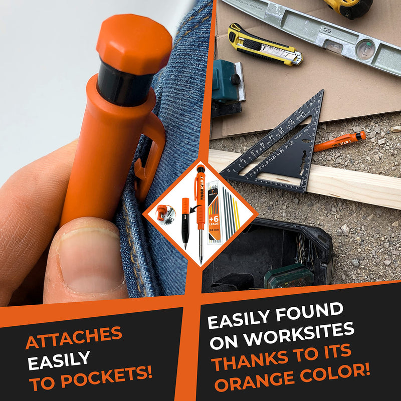 THORVALD New 2-in-1 Carpenter Pencils with Finger Grip for Carpenter (Incl. 7 Leads + Sharpener) Solid Mechanical Pencils with Fine Point/Best Marking tools Construction/Carpenters/Scriber Thorvald Carpenter Pencil + 7 Leads