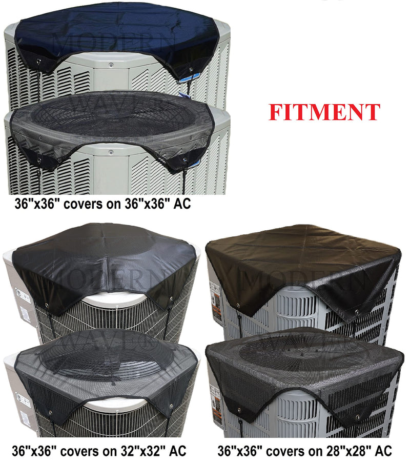 MODERN WAVE - 2 (Two) Central Air Conditioner Covers for Outside Units 36 x 36 inch - 1 (One) Top Universal Mesh Cover and 1 (One) Winter Waterproof Outdoor AC Defender Cover (Black, 36" x 36") 36"x36"