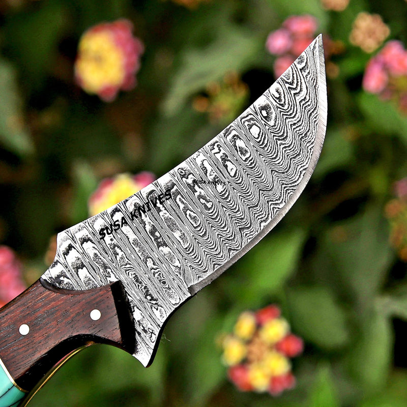 Custom Handmade 7'' fixed blade hoof rasp knife Cow boy knife Turquoise Handle Damascus steel Bull cutter, cowboy knives with pancake leather sheath (RESIN) RESIN