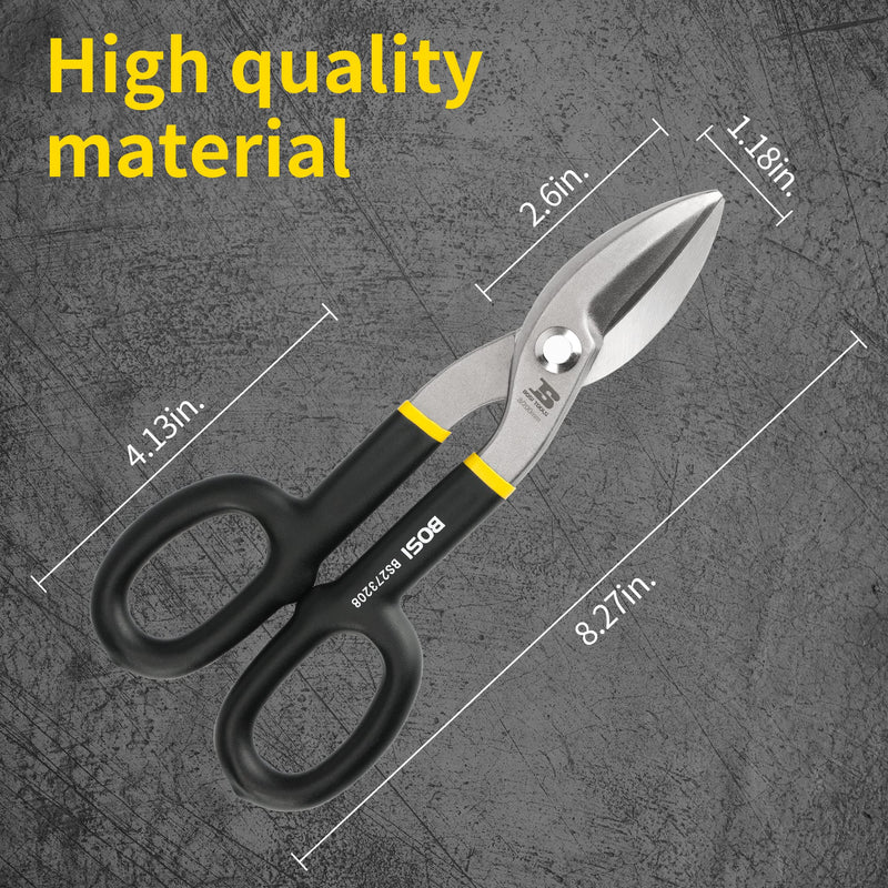 8 Inch Straight Pattern Tin Snips Metal Cutters, High Strength Forged and Heat Treated Carbon Steel with Comfortable Black Rubber Handle 8 Inch