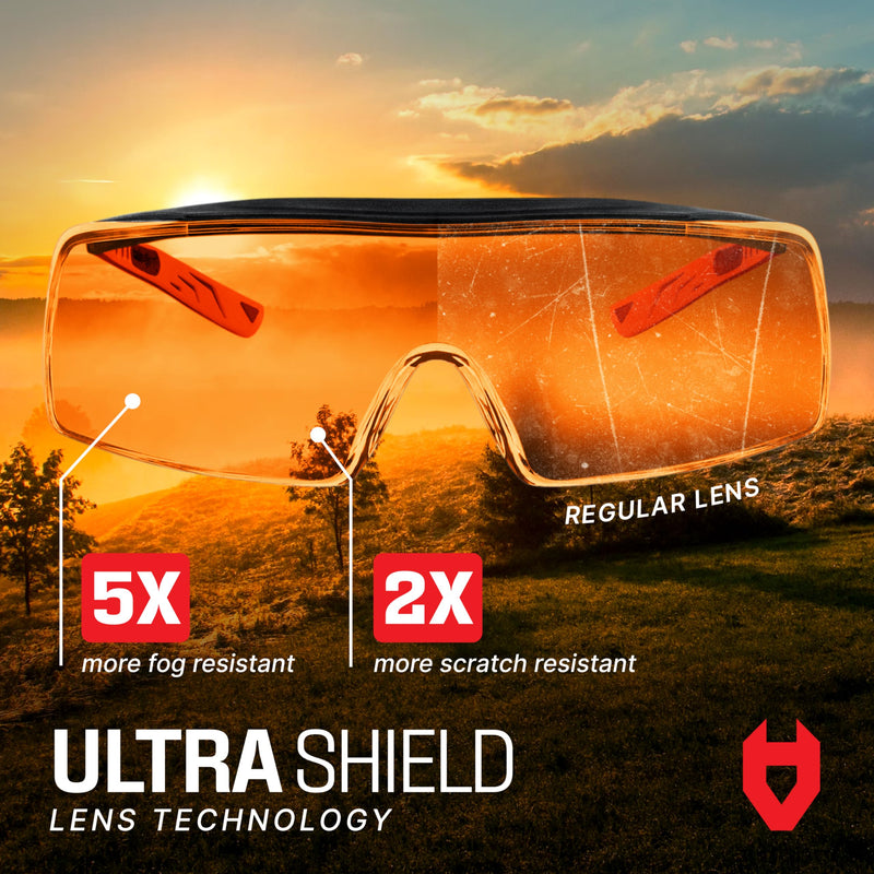 NoCry Blue Light Blocking Safety Glasses Over Eyeglasses with 100% UV Protection — UV Light Protection with Anti-Fog & Anti-Scratch Lenses; ANSI Z87.1 Certified — Adjustable Temples with Anti-Slip Tip Orange Lens (Anti-blue Light)