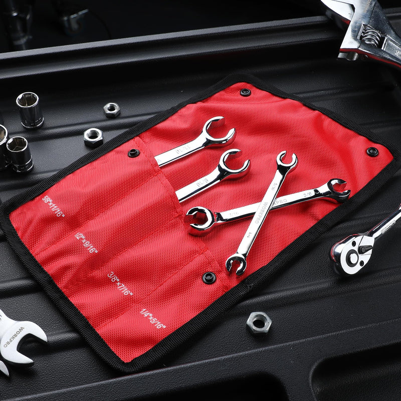 WORKPRO 4-Piece Flare Nut Wrench Set, SAE Brake Line Wrenches, 1/4", 5/16", 3/8", 7/16", 1/2", 9/16", 5/8", 11/16", Cr-V Steel, 15° Offset Head Tubing Wrench, Organizer Pouch Included