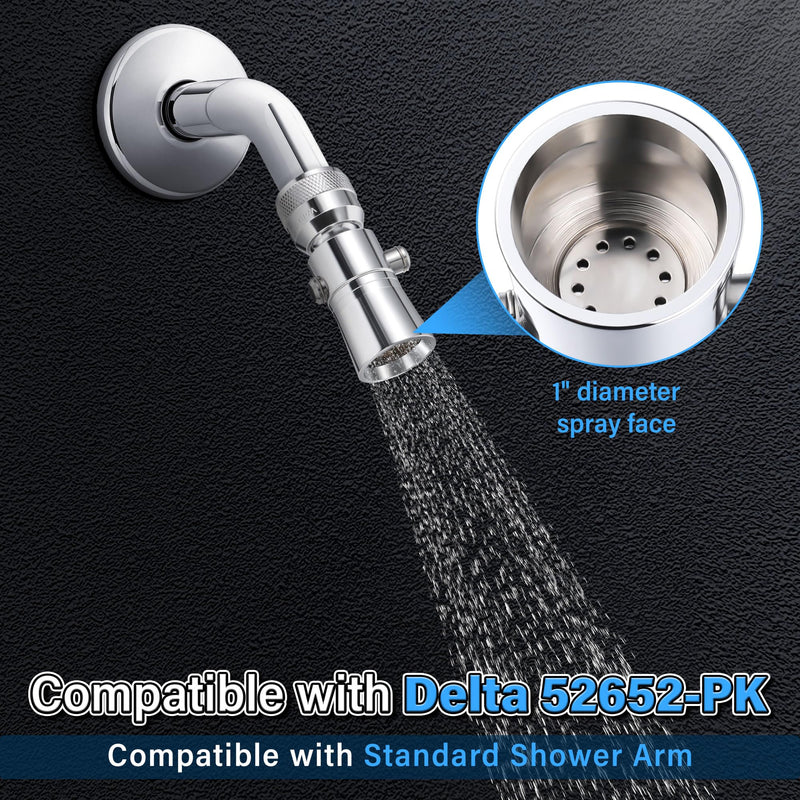 Enhon 2 Setting Pivoting Single Spray Shower Head with Shut Off Valve Replacement for 52652-PK Compatible with Delta Shower 2.5 GPM Brass Water Saving Shower Head Chrome 1" Diameter Spray Face (2 Set)