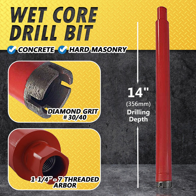 2" Wet Drill Core Bits for Concrete and Hard Masonry, 10mm Segment Height, 14" Drilling Depth, 1-1/4"-7 Arbor, Wet Only 2 Inch