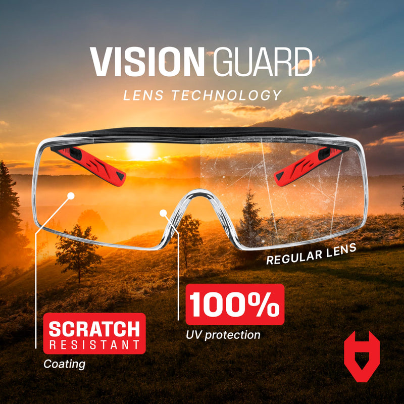 NoCry Safety Glasses Over Eyeglasses for Men and Women with Anti Scratch Lenses and Integrated Side Shields — Adjustable Temples with Anti-Slip Tips — 100% UV Protective Eyewear — ANSI Z87 Certified Black & Red Anti-Scratch