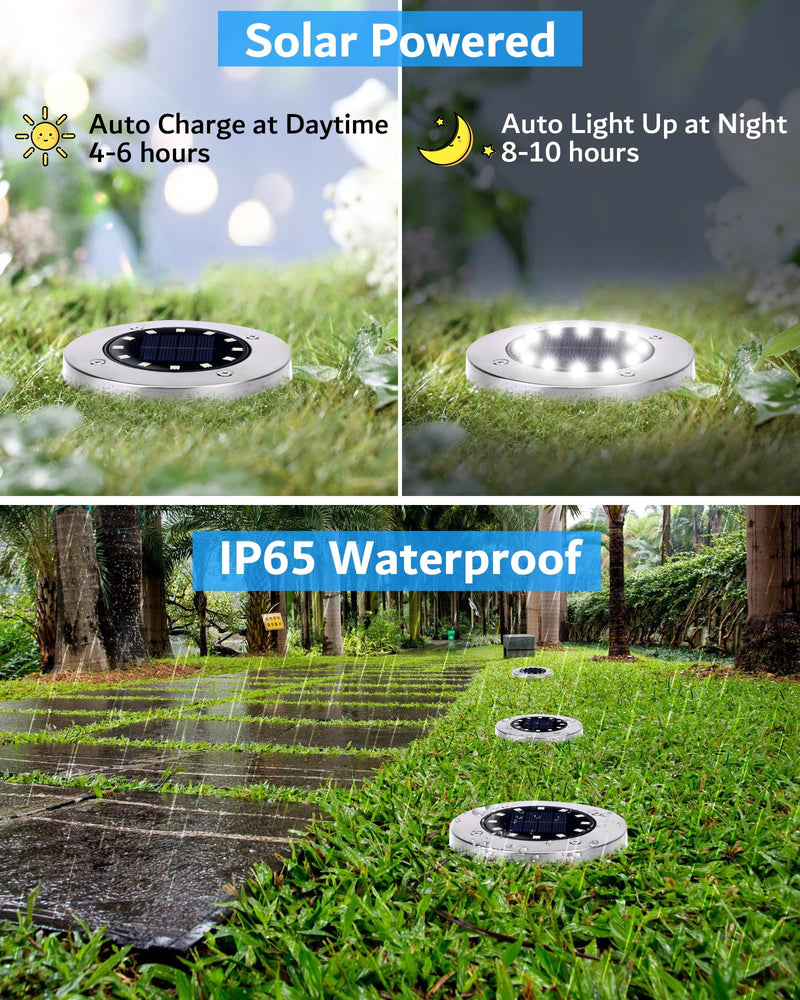 Biling Solar Outdoor Lights 12 Pack, Bright 12 LEDs Solar Ground Lights Waterproof, Flat Landscape Lighting Solar Powered for Yard Walkway Pathway Garden Driveway (White) White