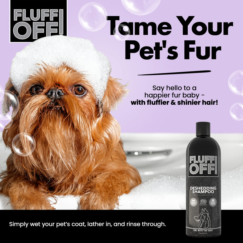 Soap Dispensing Pet Wash Sprayer Nozzle and FLUFF OFF! by Girl With The Dogs, Natural Deshedding Dog & Cat Shampoo 16 oz
