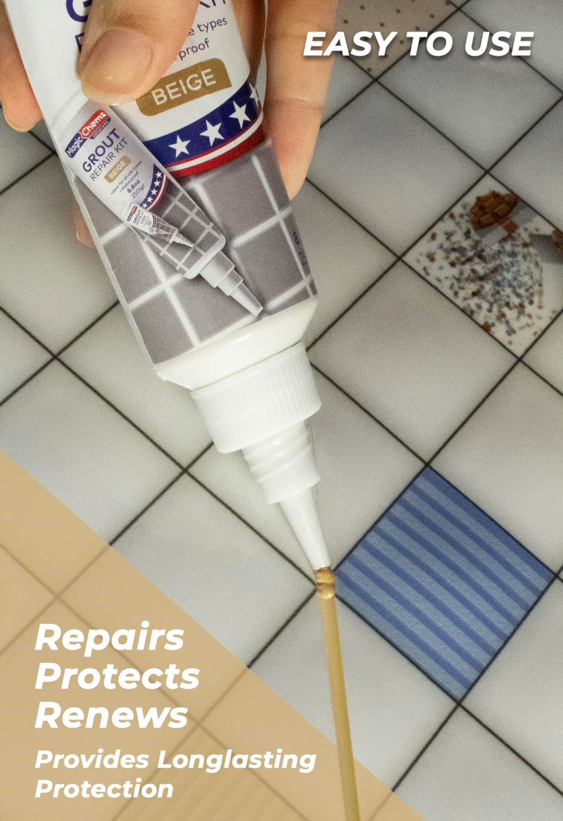 Tile Grout Repair, Beige 8.8 oz/250gr. Fast Drying Grout Repair Kit, Grout Filler Tube Repair Kit, Tile Grout Paint, Grout Sealer Restore and Renew Bathroom Floor, Tile Gaps, Joints, Lines Beige 8.8 oz.