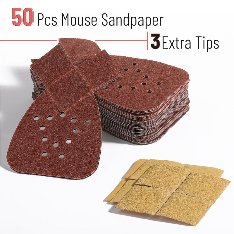 Bates- Mouse Detail Sander Sandpaper, 50 pcs, 60/80/120/150/240 Grits with Extra 3 Tips, Red Sanding Pads, Mouse Sandpaper Assortment, Mouse Sander Sandpaper, Black and Decker Mouse Sanding Pads 50 pcs, 60-240 Grits Red with Extra 3 Tips