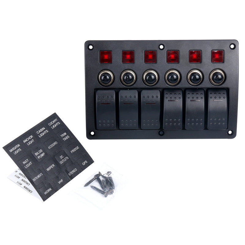 Amarine made 6 Gang Red LED Indicators Rocker & Circuit Breaker Waterproof Marine Boat Rv Switch Panel - PN-CB6-R