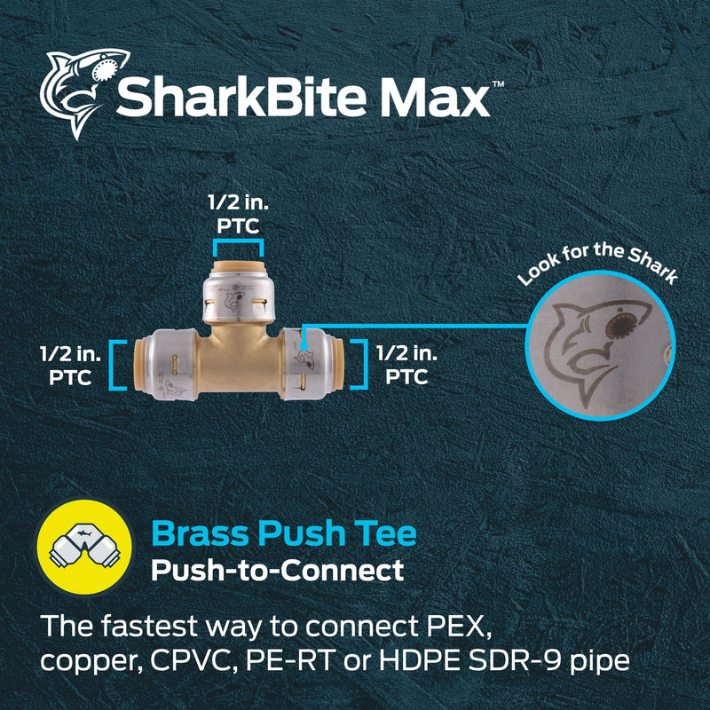 SharkBite Max 1/2 Inch Tee, Push to Connect Brass Plumbing Fitting, PEX Pipe, Copper, CPVC, PE-RT, HDPE, UR362A SharkBite Max 1/2 in.