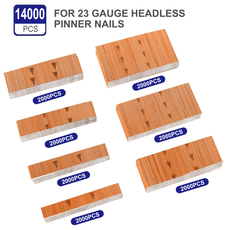 HAMWOO 14000 pcs 23 Gauge Pin Nails, Headless Pinner Nails, 7 Sizes Assorted 3/8 Inch to 1-3/8 Inch for Molding Cabinetry Building,photo frame,handicrafts Assembly (Red)