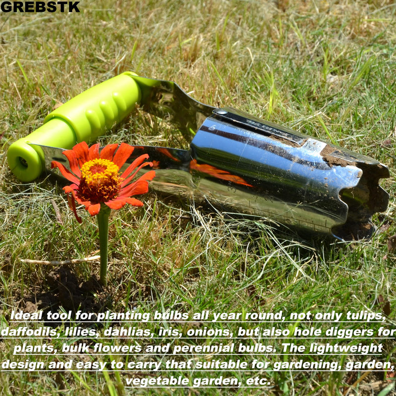 GREBSTK Sturdy Stainless Steel Gardening Bulb Transplanter Tool with Depth Mark and Soil Release Handle for Planting Bulbs 9.4 inch