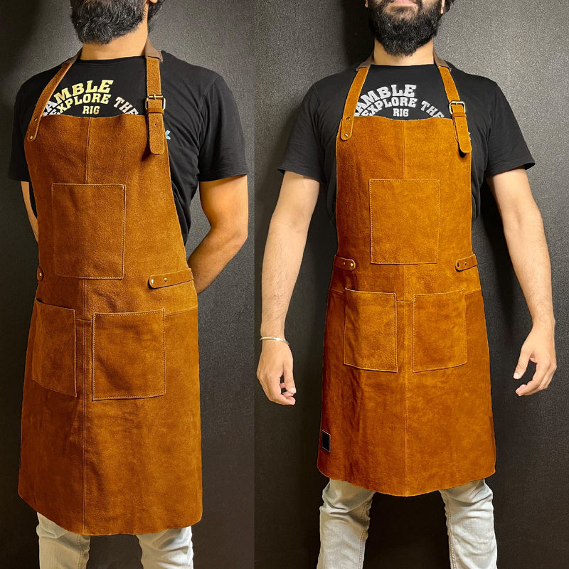 RUSTIC TOWN Leather Grill Work Apron with Tool Pockets ~ Adjustable up to XXL for Men & Women ~ Leather Tool Apron Tan