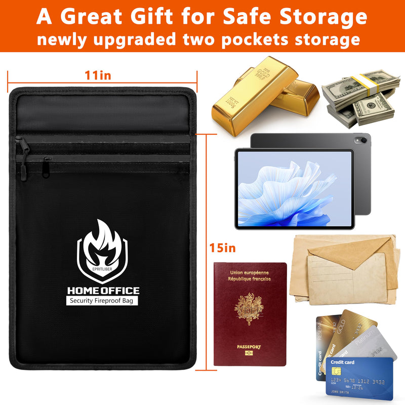 Fireproof Document Bag 2000°F, 15x11’’ Waterproof Fireproof Money Bag for Cash, Two Pockets Safe Document Organizer for Valuables, Important Document Folder for Office Home Travel (Black) Black