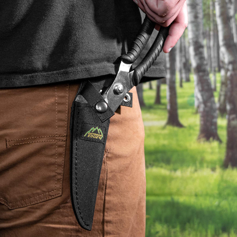 Outdoor Edge Game Shears - Spring Loaded with Serrated Edge and Bone-Breaking Notch for Quartering Birds, Small Game, and Fish with Nylon Belt Sheath