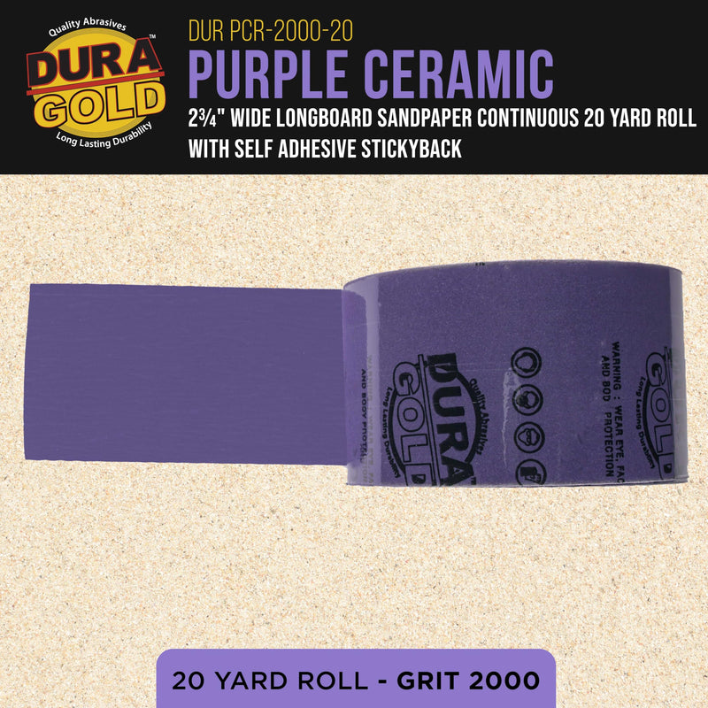 Dura-Gold Premium 2000 Grit PSA Purple Film Ceramic Longboard Sandpaper, 2-3/4" Wide Continuous 20 Yard Roll - Self Adhesive Stickyback for Auto & Wood Air File Long Board Sanders, Hand Sanding Blocks
