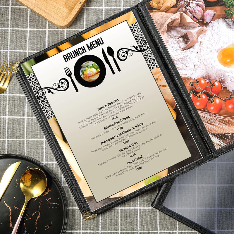 TaoBary 8.5 x 11 Inch Menu Covers Fits A4 Size Paper Transparent Restaurant Menu Covers Menu Holder with Leatherette Trim and Decorative Metal Corners Bar Cafe Restaurant, Black (2 Pcs) 2