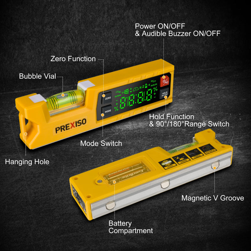 PREXISO Digital Level & Digital Protractor, 7 inch Angle Finder 0-90° & 0-180° Range, Electronic Bubble Inclinometer with Magnetic V-Groove & Audio Indicator for Woodwork, Saw & Home Drainage Leveling