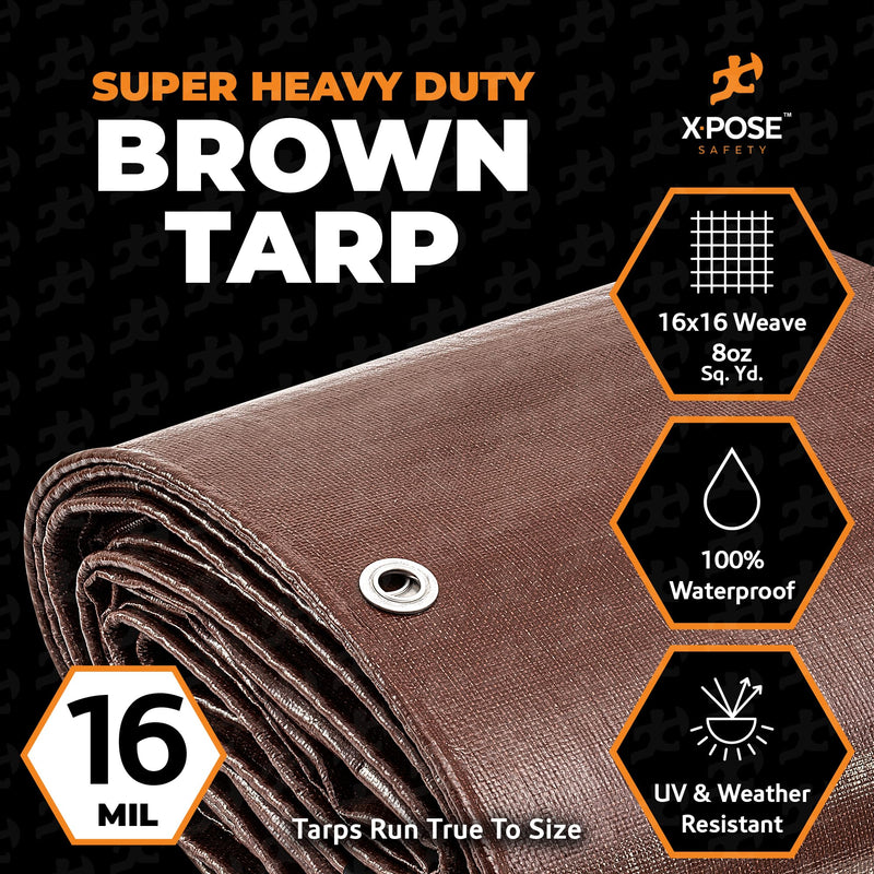 6' x 8' Super Heavy Duty 16 Mil Brown Poly Tarp Cover - Thick Waterproof, UV Resistant, Rip and Tear Proof Tarpaulin with Grommets and Reinforced Edges - by Xpose Safety 6' x 8'