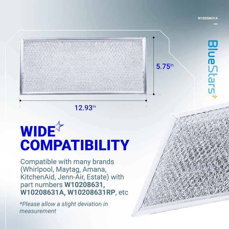 BlueStars 2-Pack W10208631A Microwave Grease Filter Replacement 5.78 x 12.91 Aluminum Mesh Screen Grease Filters - Compatible with Whirlpool G.E Microwaves Pack of 2