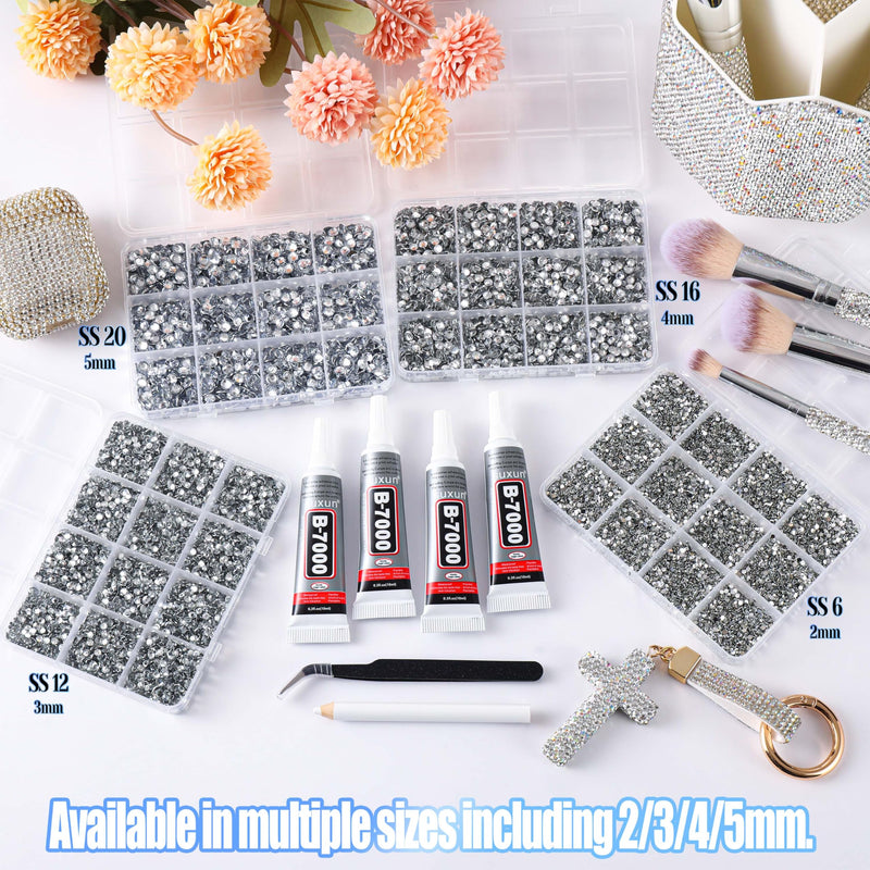 38000Pcs Bedazzling Kit with Rhinestones, Silver Clear Flatback Gems for Diamonds Art, 4 Boxes Bedazzler Kit Tweezers, Wax Pen & 4×10ml B7000 Jewelry Glue for Nail Art, Clothing, Crafts Set 01